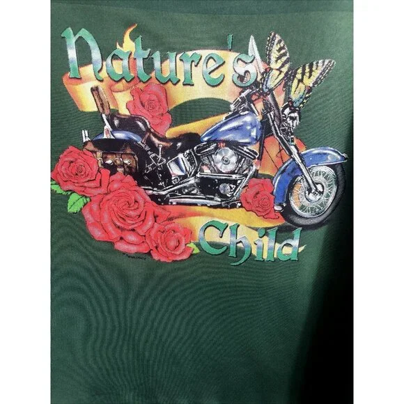 Gildan Natures Child Green Graphic T-Shirt Motorcycle Roses Design Womens Size X - Picture 2 of 7